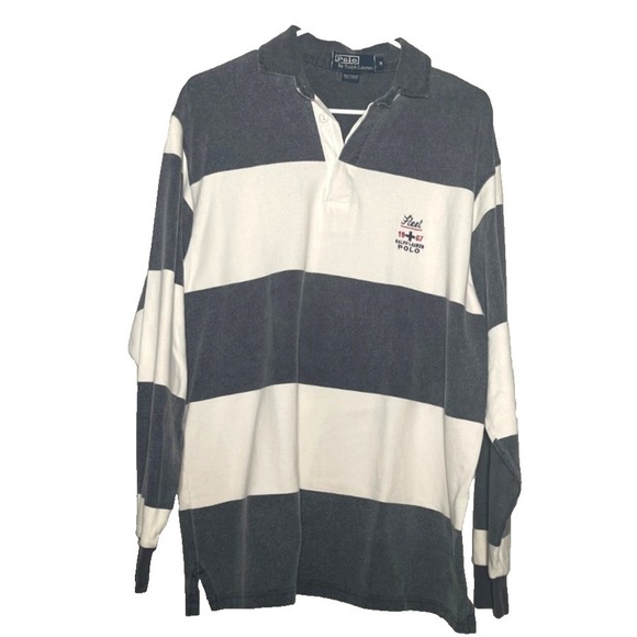 VTG Polo Ralph Lauren Rugby Shirt Medium Blue White Striped Fleet Faded HongKong
